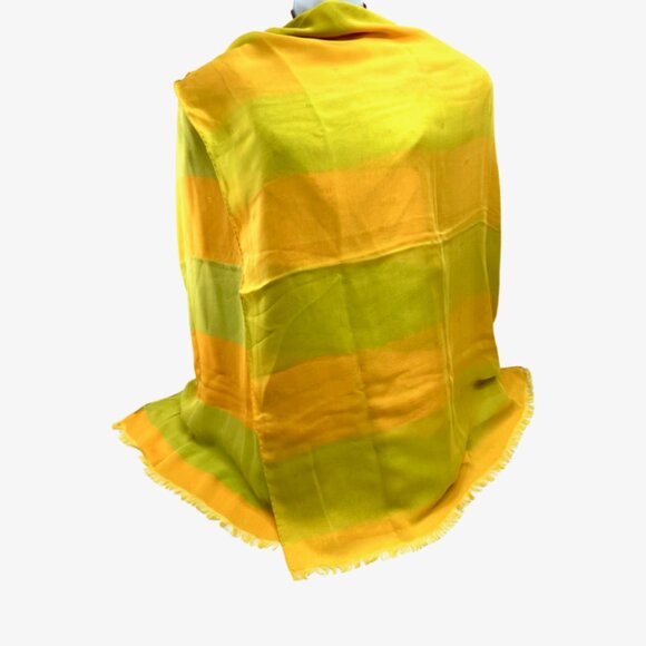 HERMES ParisLightGreen Orange Chiffon silk Scarf 70"x2 8  Logo H PrintFringe(34 - Picture 12 of 14